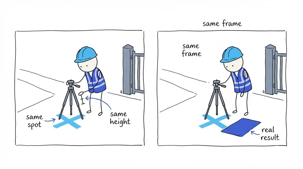 A field worker places a camera tripod on the same marked spot and height for matching before and after views of one path.