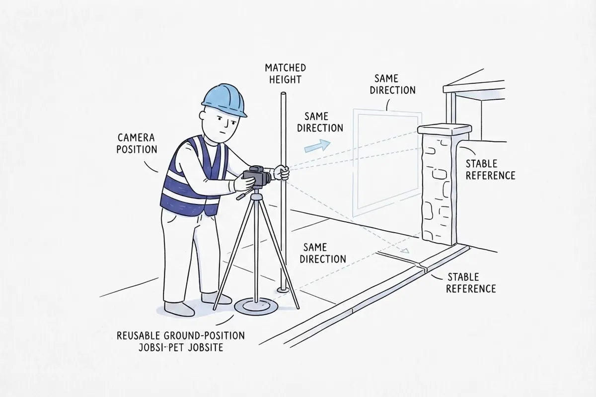 Contractor returning a camera stand to a marked position and aligning its height and sightline with the same gatepost and paving joint for a fair photo comparison.