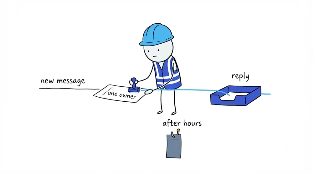 A field worker stamps one owner on an incoming customer message before sending it to the reply tray, with a separate after-hours hook.