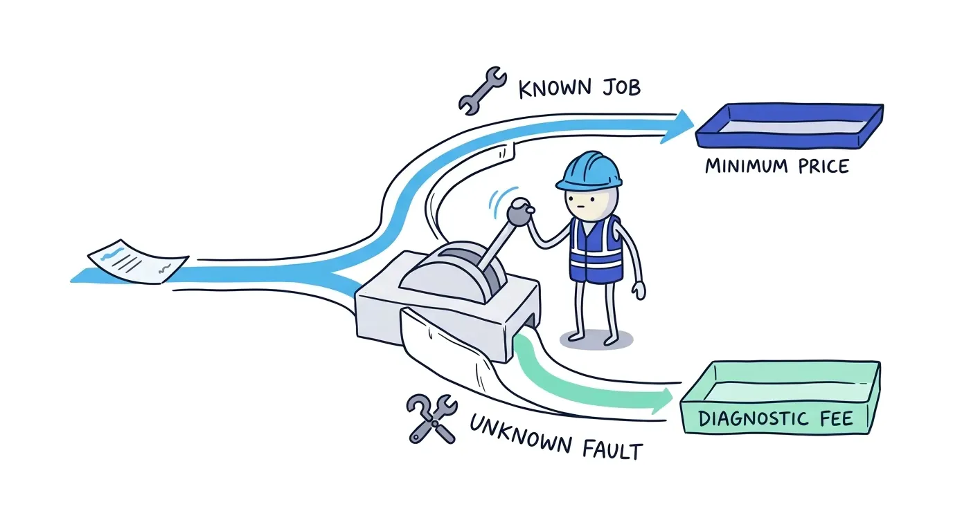 The ShiftFlow Worker routes a known job toward a minimum price and an unknown fault toward a diagnostic fee.