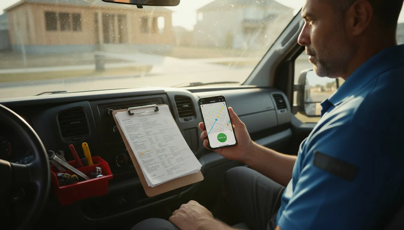 HVAC technician using GPS time tracking app in service vehicle