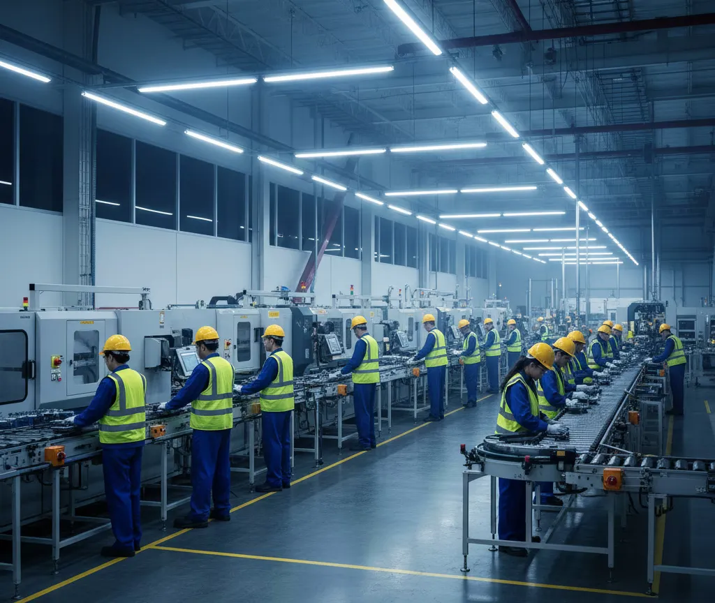 Professional manufacturing facility at night with bright overhead lighting and workers in safety vests