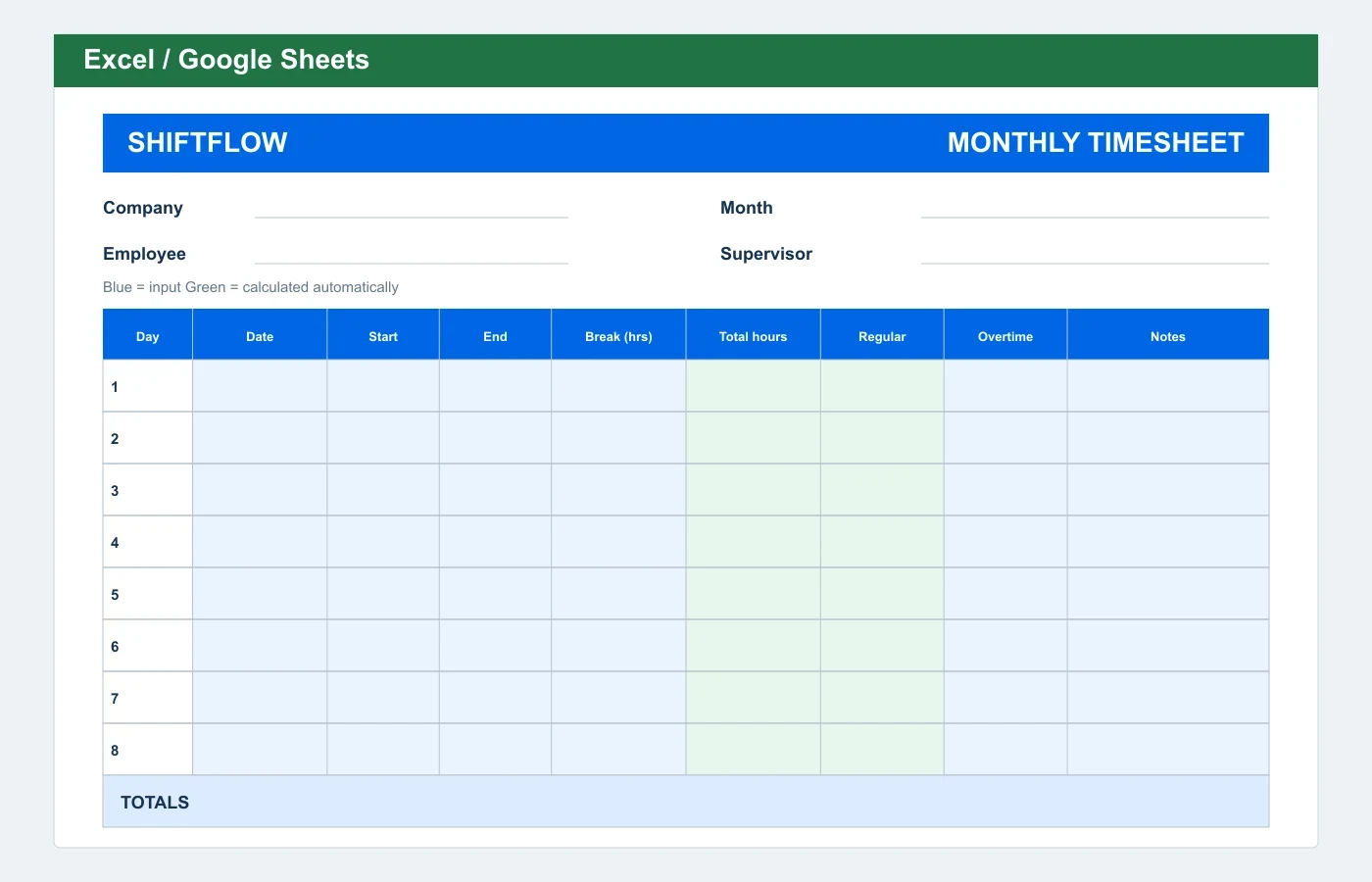 Monthly Employee Timesheet Excel template preview