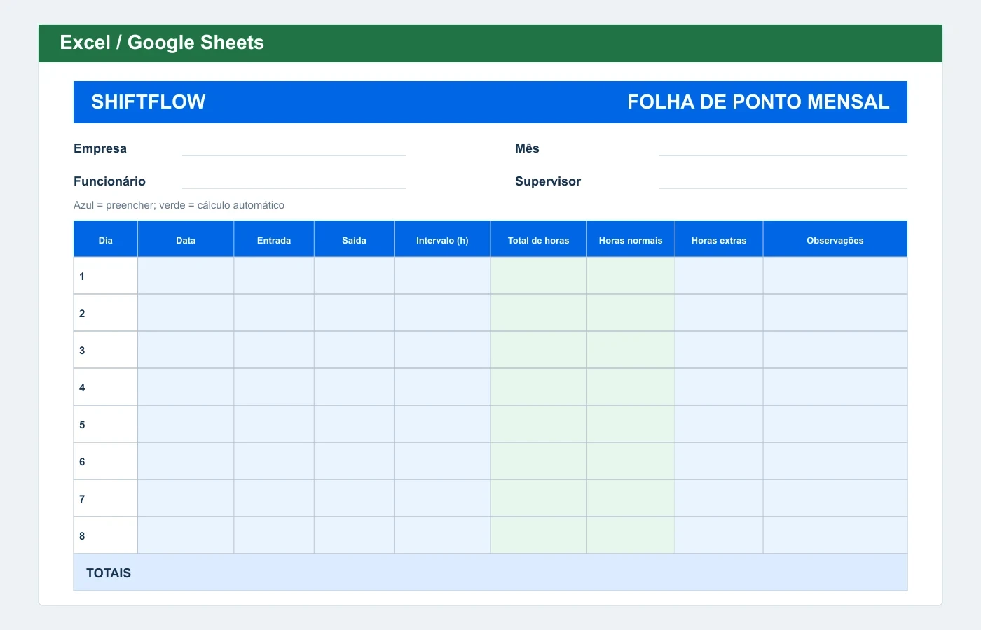 Prévia em Excel: Planilha de ponto mensal