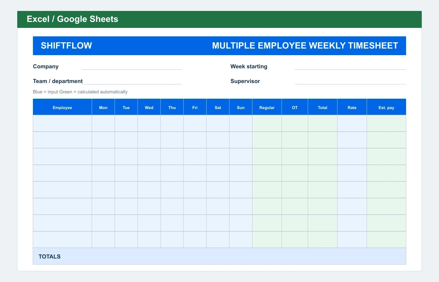 Multiple Employee Weekly Timesheet Excel template preview