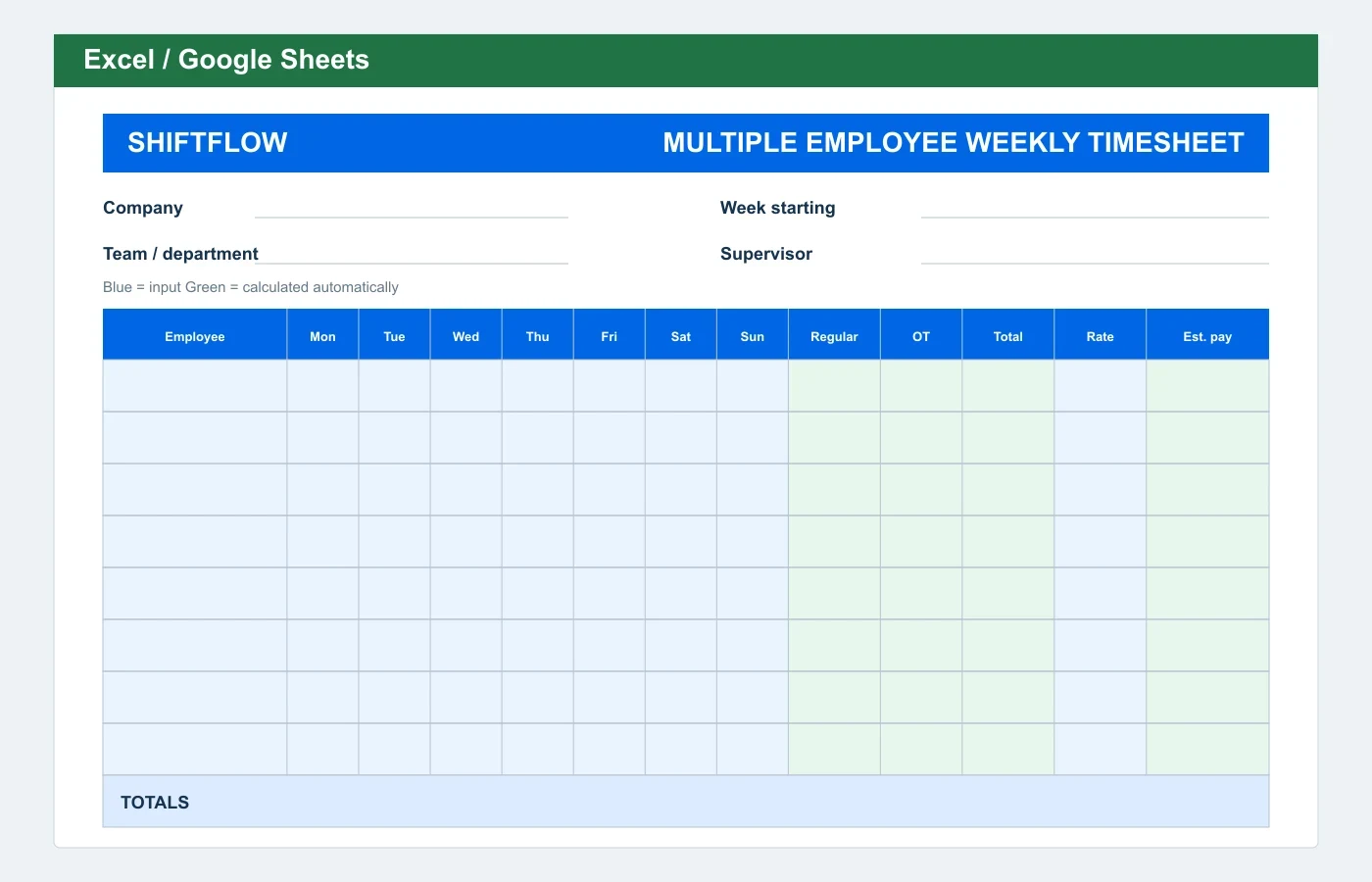 Multiple Employee Weekly Timesheet Excel template preview