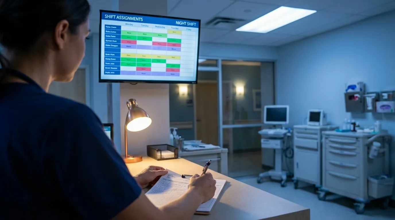 Nurse at hospital station during night shift with schedule display visible