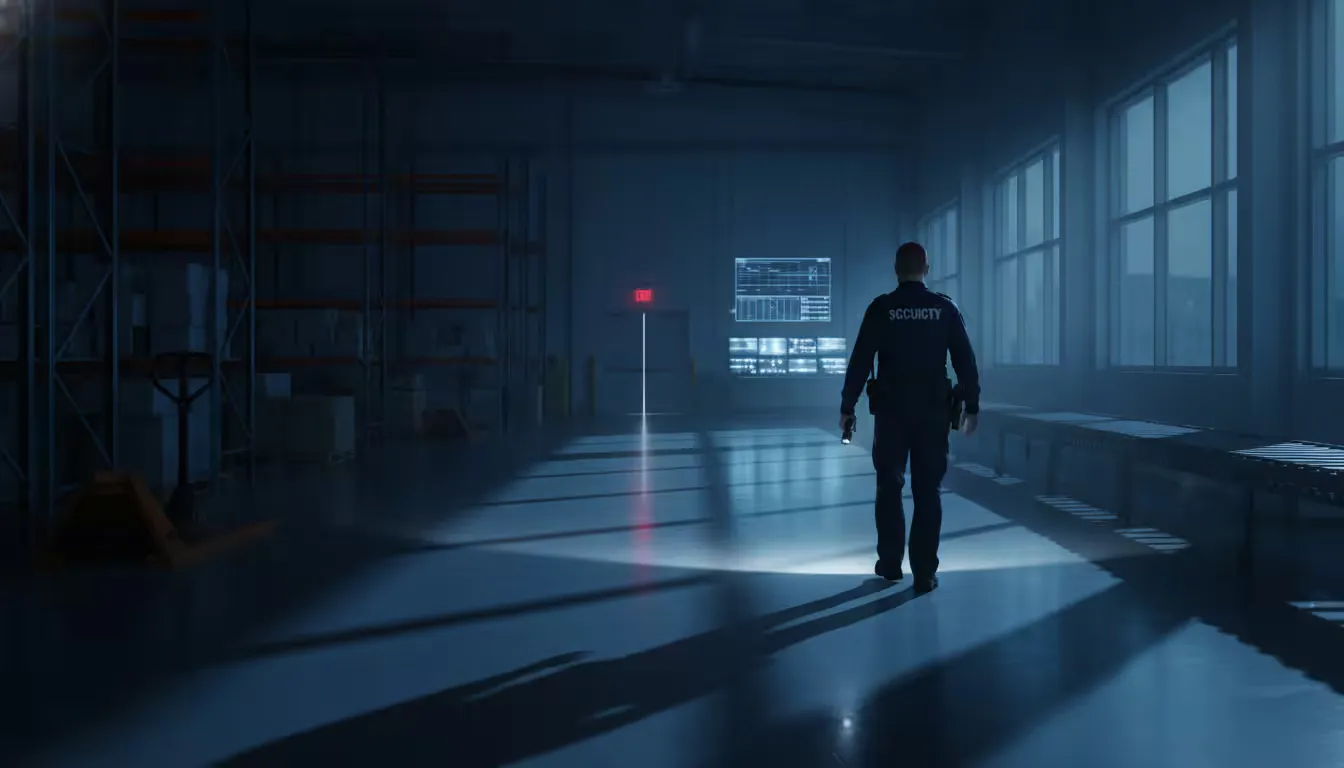 Wide shot of a security officer conducting rounds through a large commercial facility during night shift, captured around 2:00 AM.