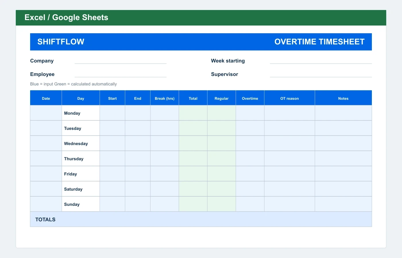 Overtime Timesheet Excel template preview