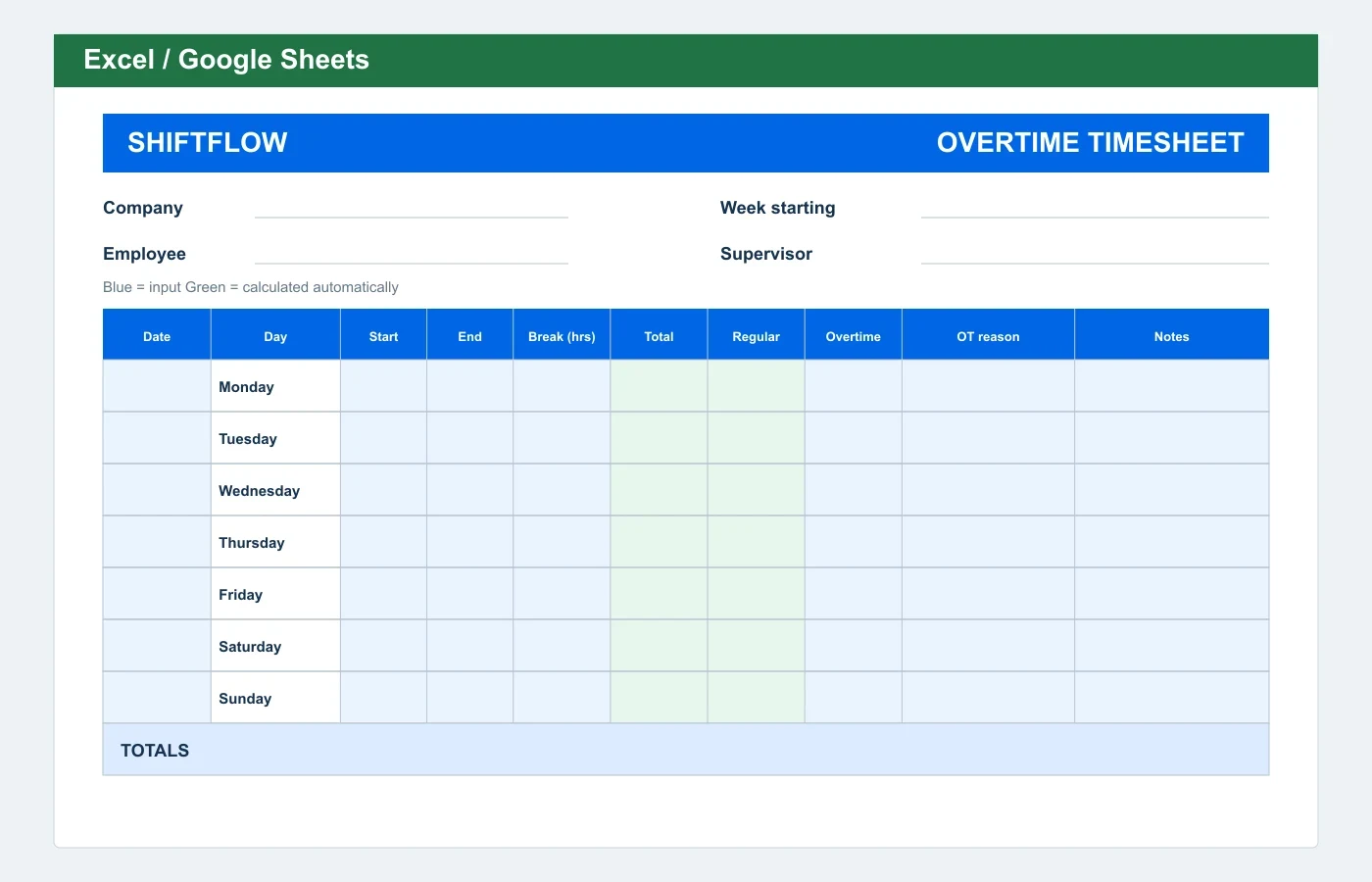 Overtime Timesheet Excel template preview