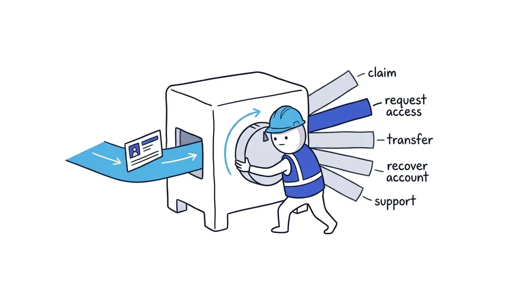 The Worker turns an ownership selector that routes an existing profile to Claim, Request Access, Transfer, Account Recovery, or Support.