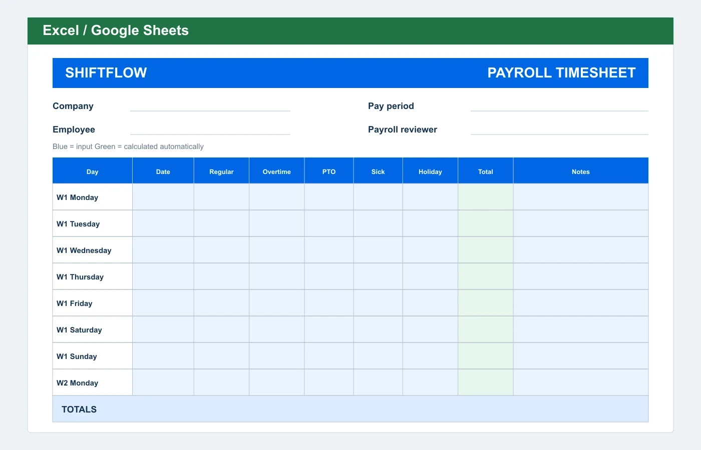 Payroll Timesheet Excel template preview