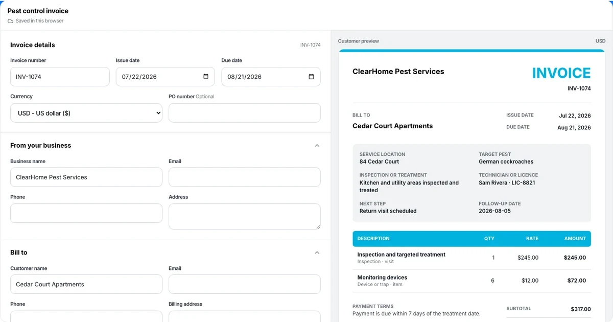 Pest control invoice template preview with line items and automatic totals