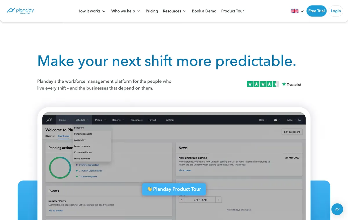 Planday workforce management software homepage with its dashboard