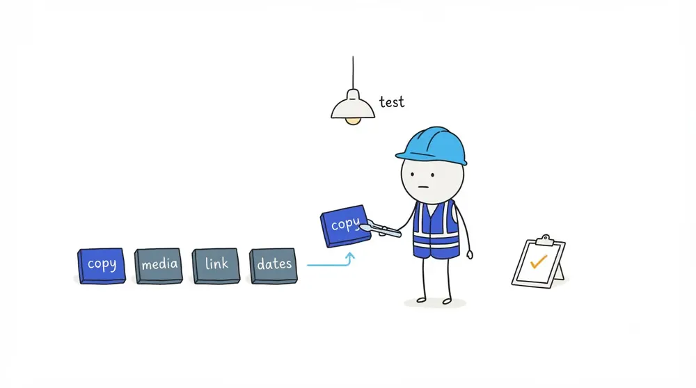 A field worker tests copy, media, link, and date modules one at a time under a single approval lamp.