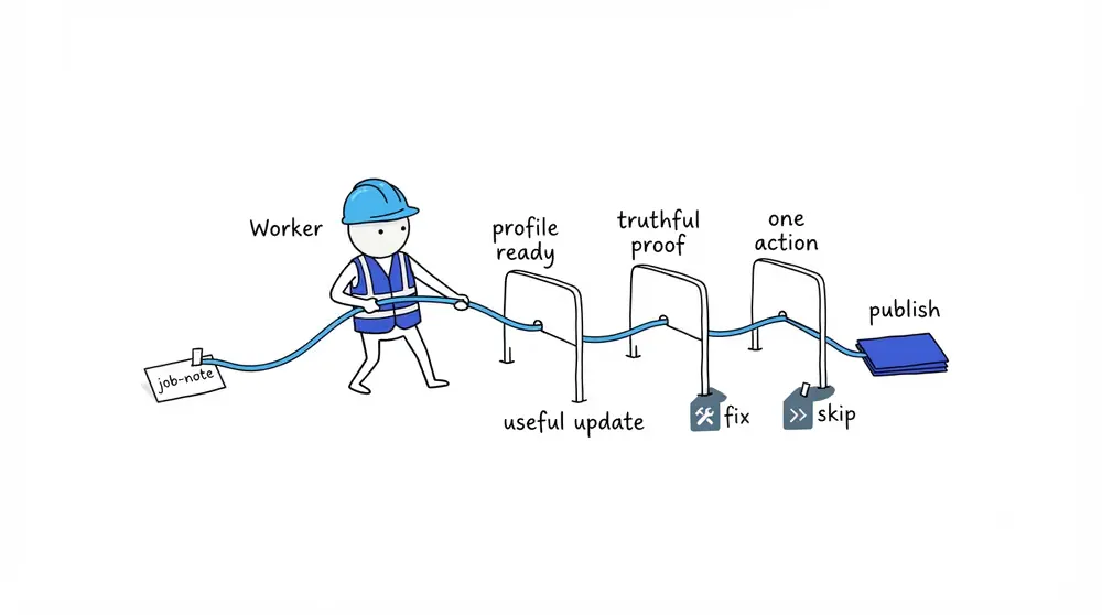 A field worker pulls a job update through four gates for profile readiness, usefulness, truthful proof, and one working customer action.