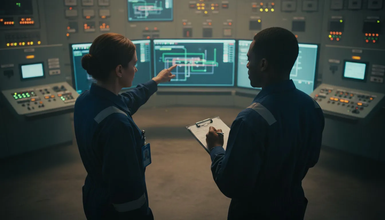 Power plant operators monitoring equipment during night shift in control room