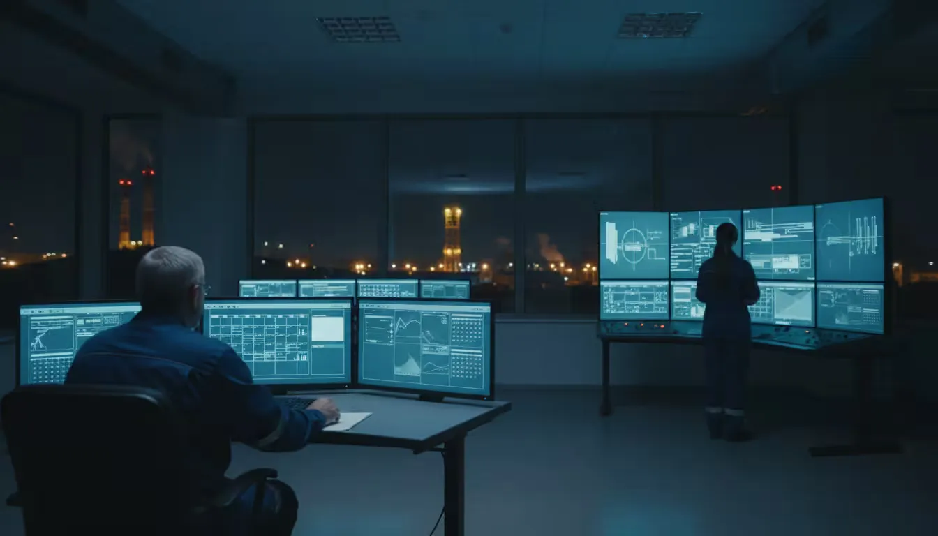 Photorealistic wide shot of a power plant control center during night shift operations.
