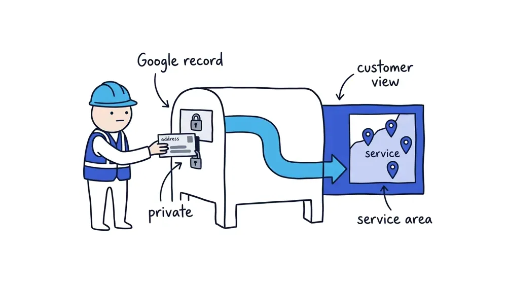The Worker feeds a real address card into a locked Google record while a separate public panel displays only the service area.