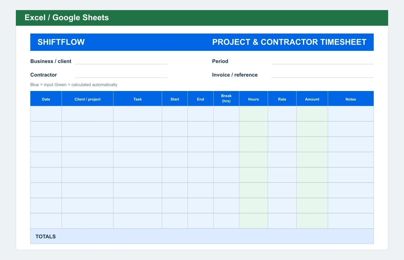 Project & Contractor Timesheet Excel template preview