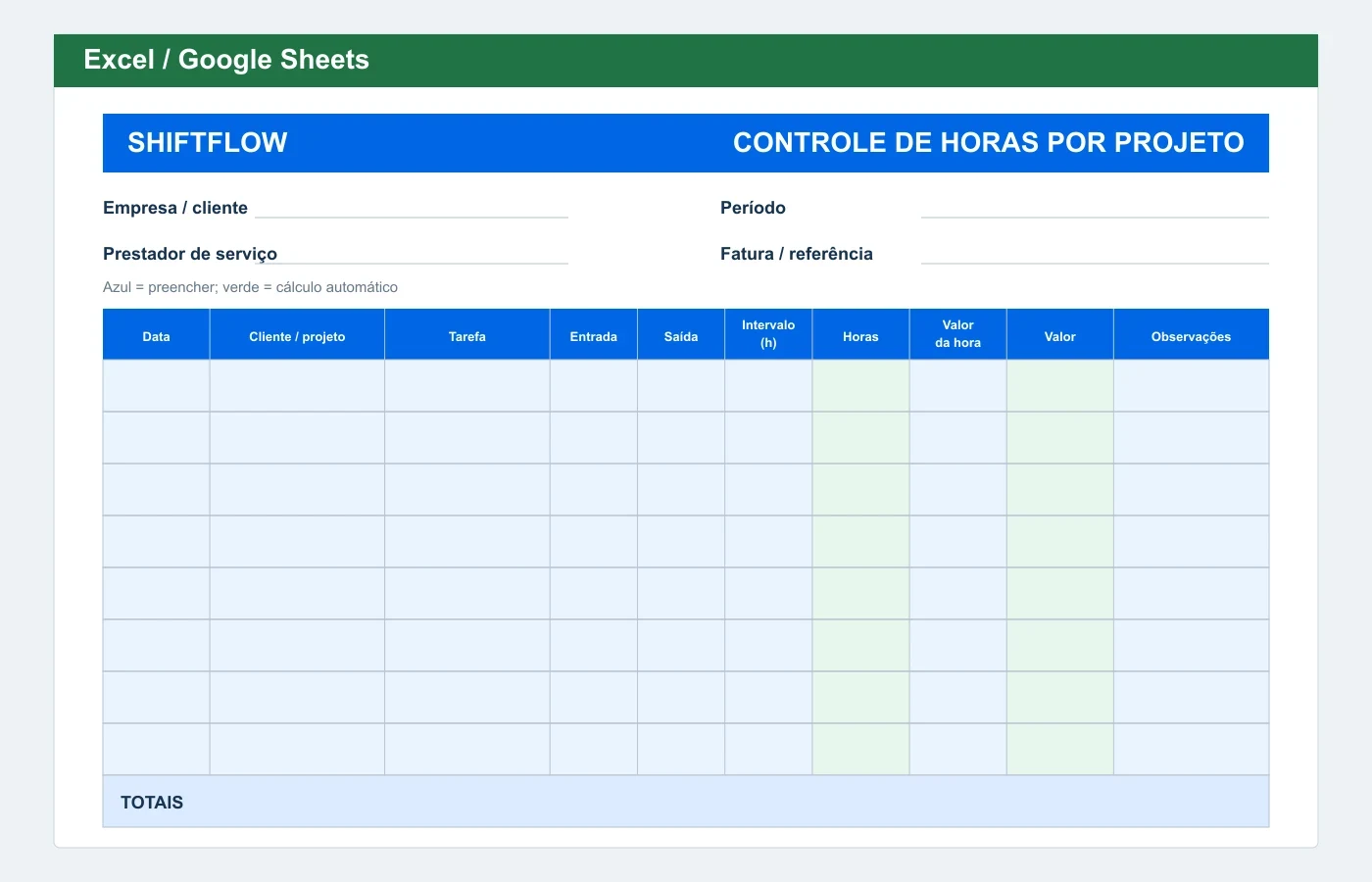 Prévia em Excel: Planilha de controle de horas por projeto
