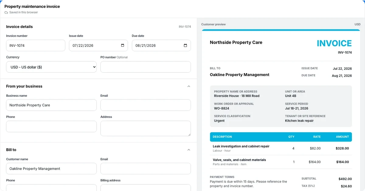 Property maintenance invoice template preview with line items and automatic totals