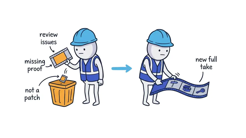 The Worker discards a rejected video strip with missing proof and records a new complete strip containing all required evidence.