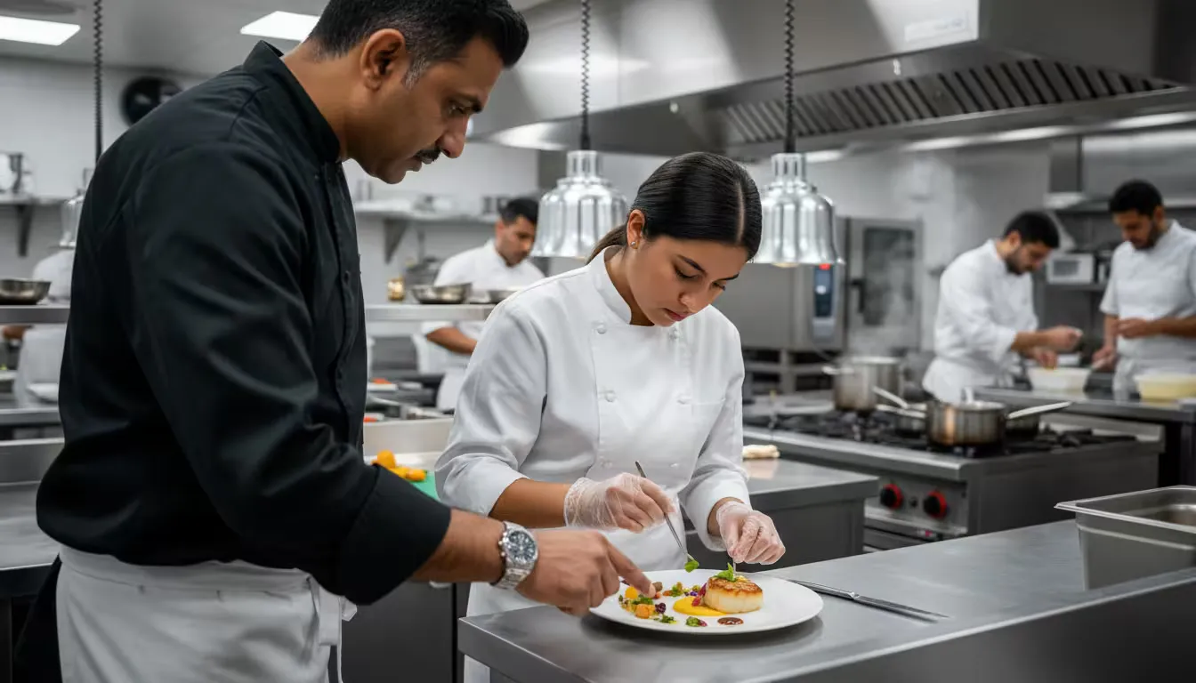 Over-the-shoulder shot of an executive chef watching a culinary apprentice carefully plating a dish at a stainless steel prep station with bright overhead kitchen lighting.