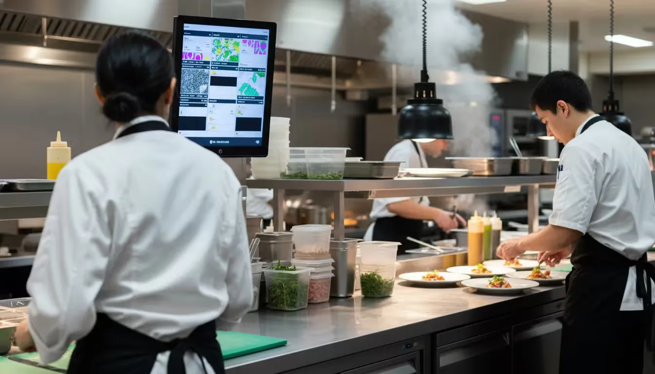 Over-the-shoulder close-up shot inside a commercial kitchen during the 4 PM pre-dinner rush preparation window.