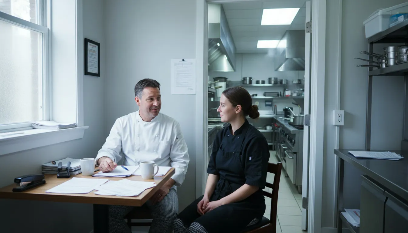 Kitchen manager conducting exit interview with departing cook