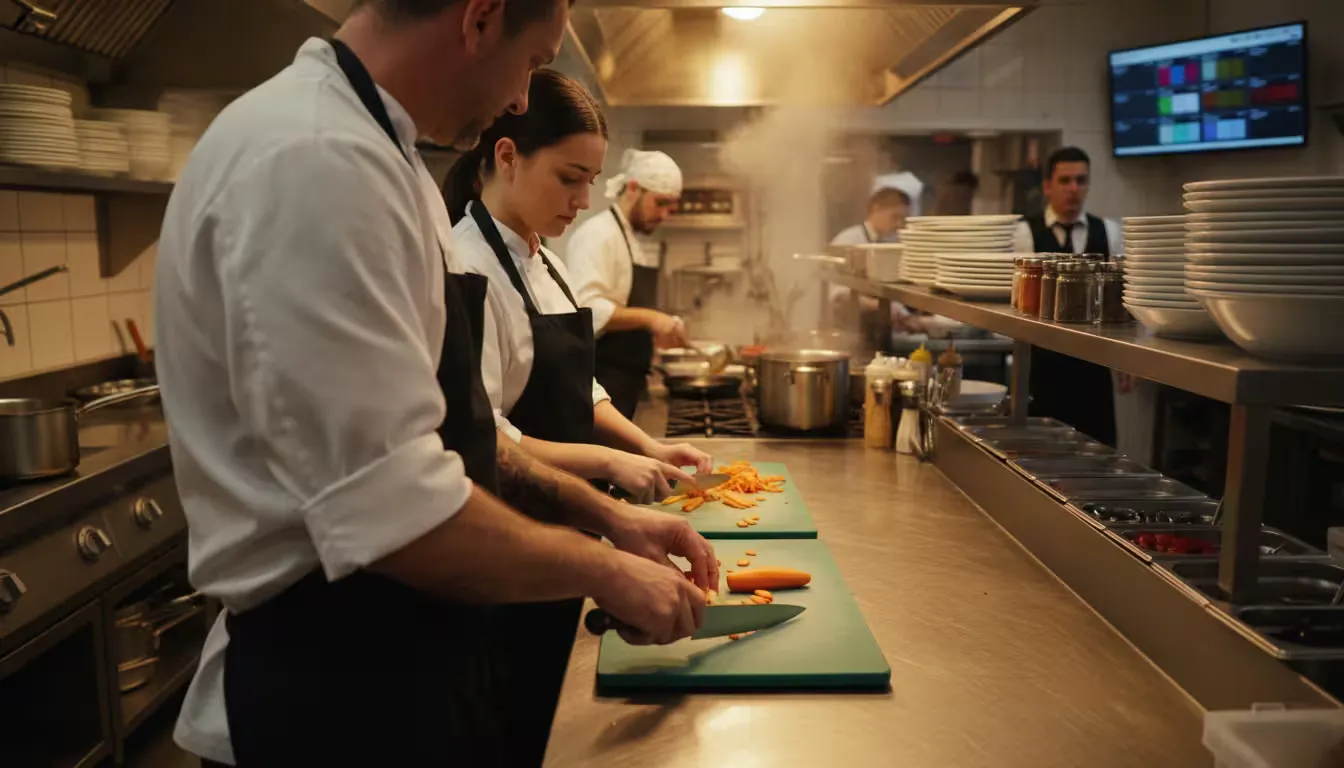 Over-the-shoulder perspective of a line cook guiding a trainee through proper food prep technique at a stainless steel prep station in a commercial ki
