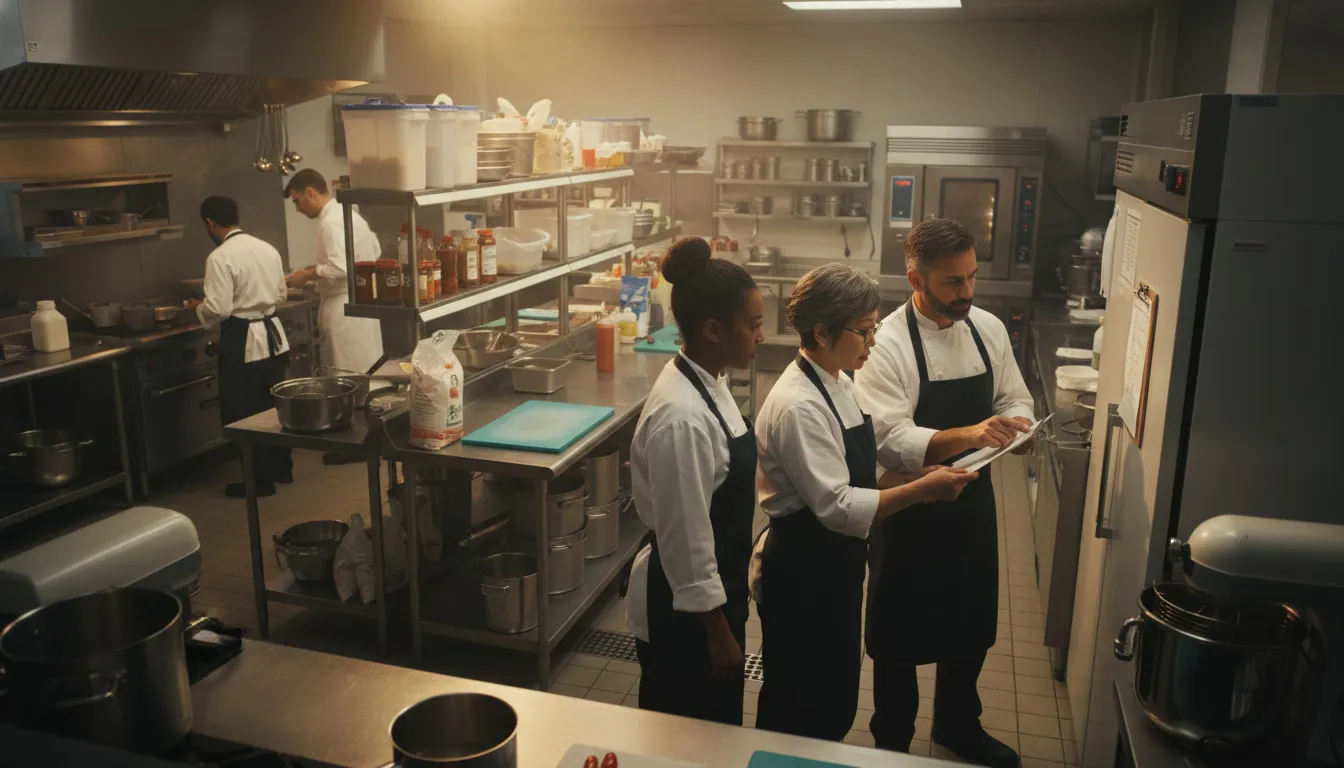Kitchen staff reviewing holiday schedule during morning prep