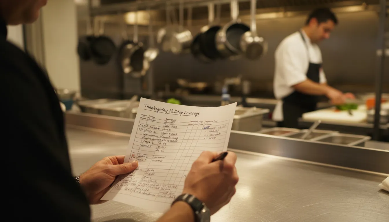 Restaurant manager reviewing holiday staffing schedule in commercial kitchen
