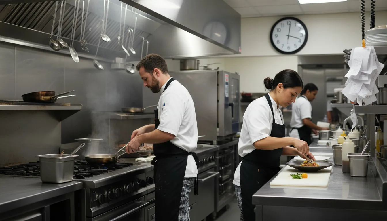 Line cooks working together during extended dinner service in professional kitchen