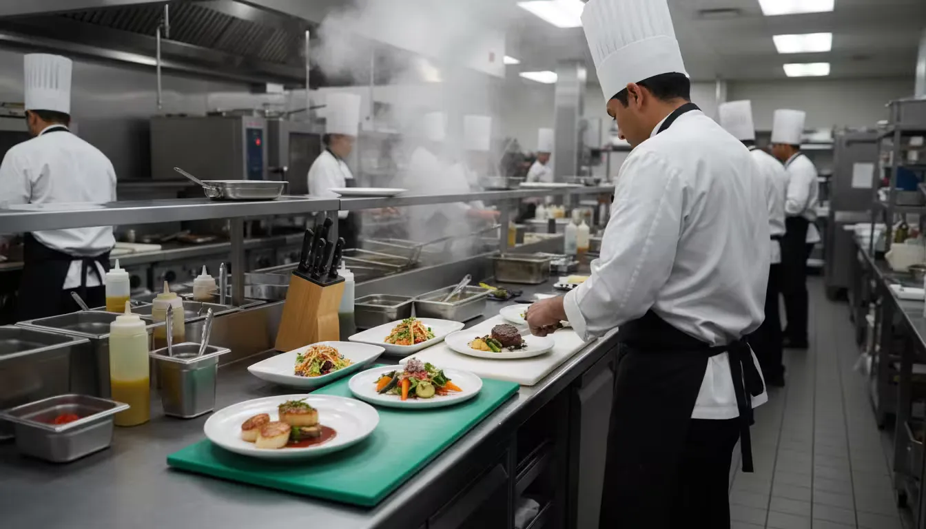 Over-the-shoulder close-up perspective from behind a line cook during peak dinner service in a commercial kitchen.