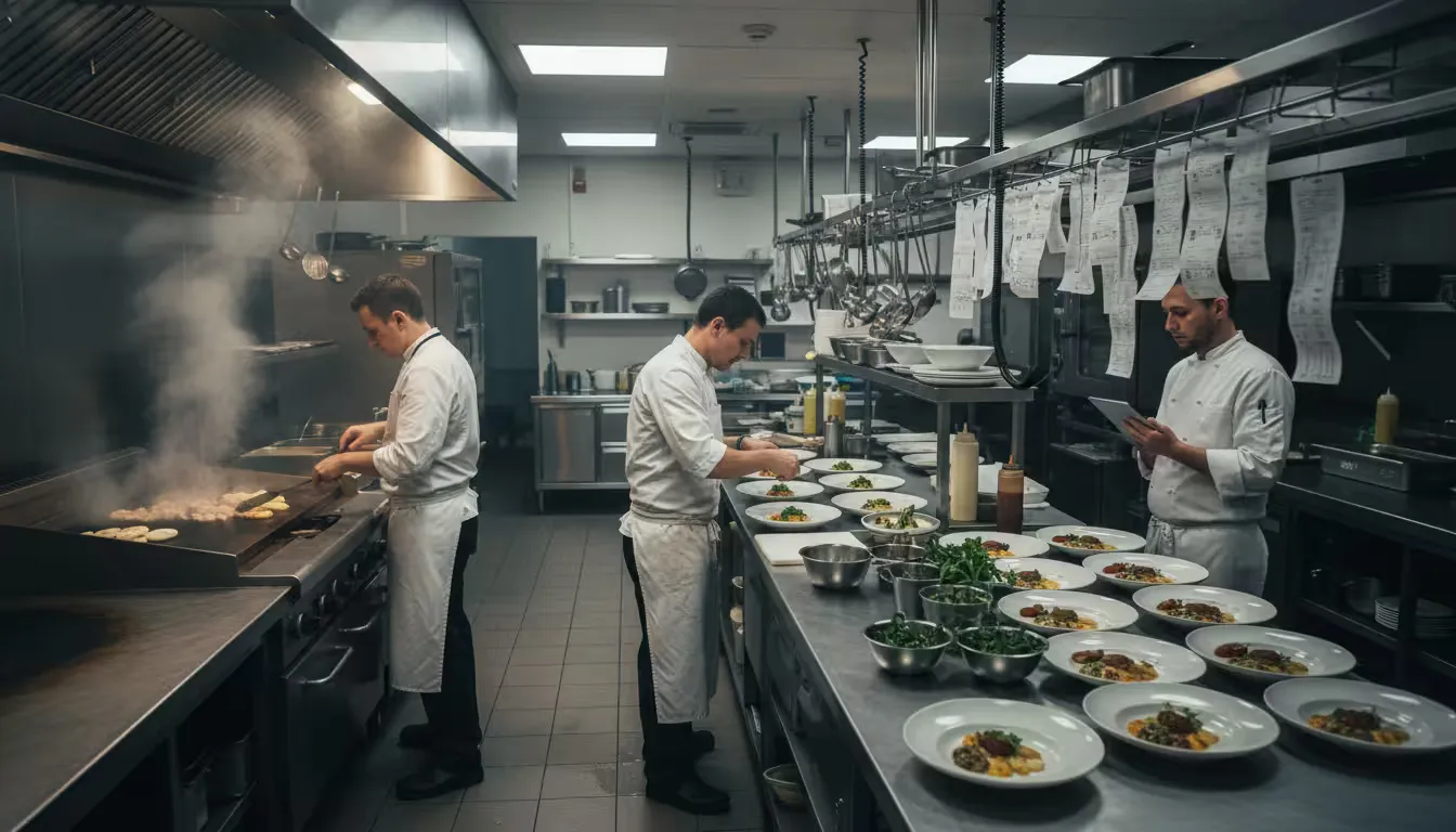 Wide shot of a commercial kitchen during lunch rush with three kitchen staff members working at different stations coordinating orders, capturing the intensity and teamwork of food service operations.