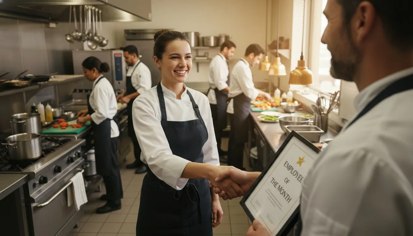 Kitchen manager presenting employee recognition award to line cook