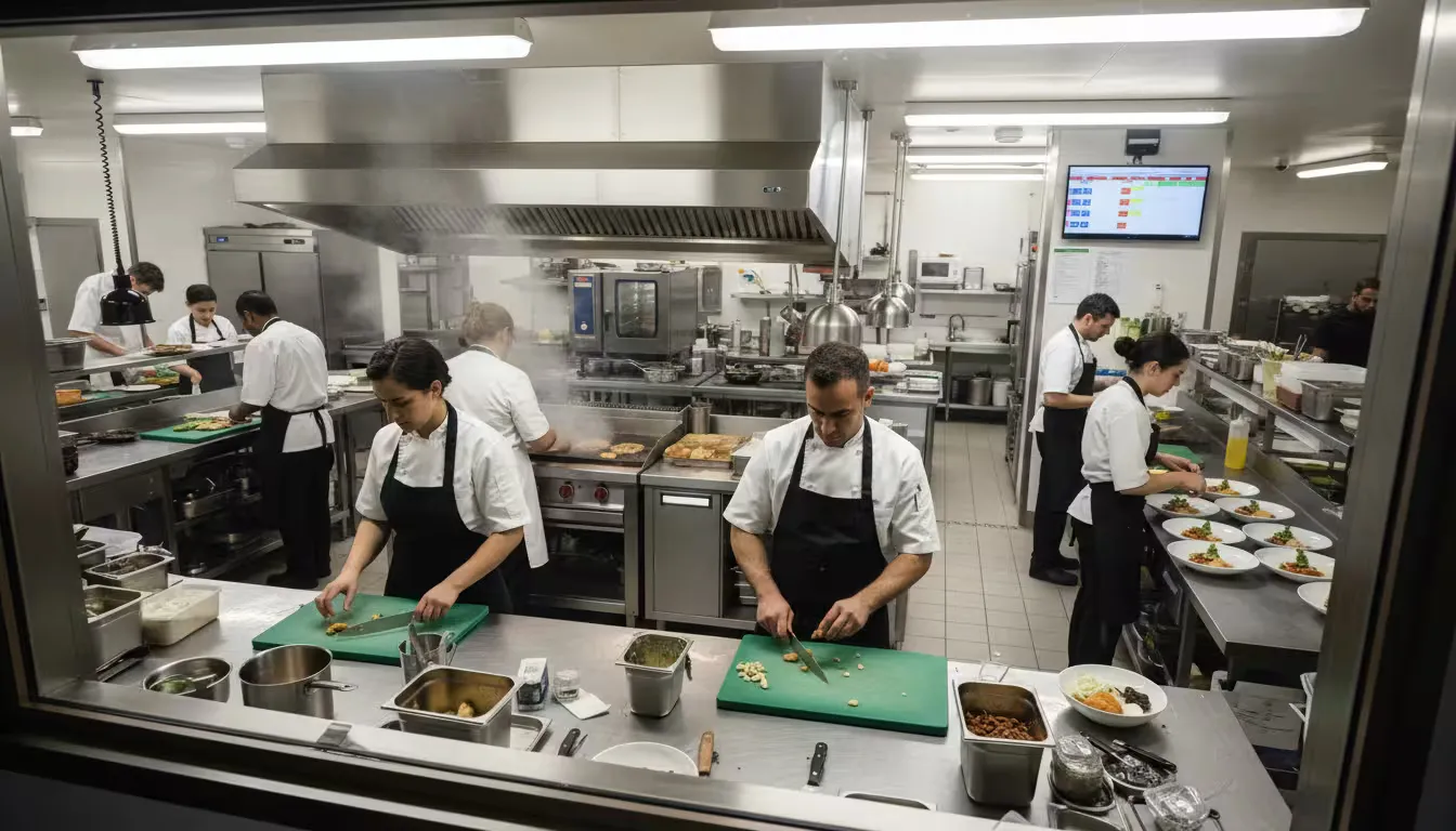 Wide shot of a diverse kitchen team during lunch prep in a busy restaurant kitchen, featuring a part-time line cook in chef's whites working alongside