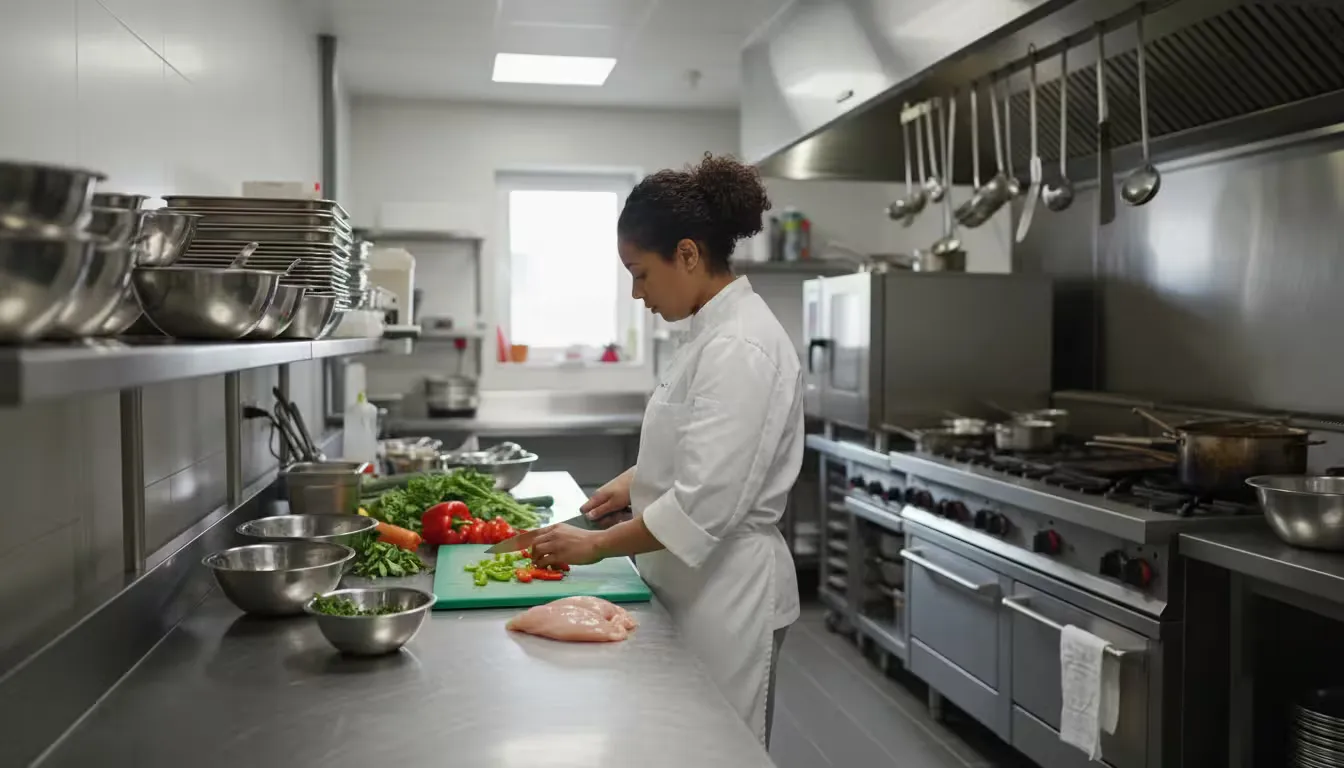 Photorealistic over-the-shoulder shot inside a commercial kitchen during prep hours, showing a cook in chef's whites and apron working at a stainless 