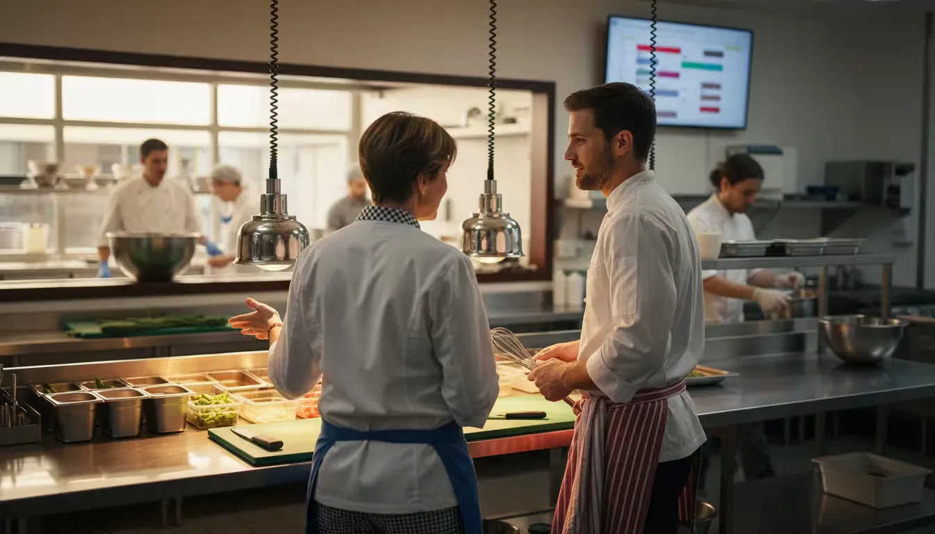 Over-the-shoulder close-up shot of two kitchen staff members during shift transition in a commercial kitchen, warm overhead task lighting and natural 