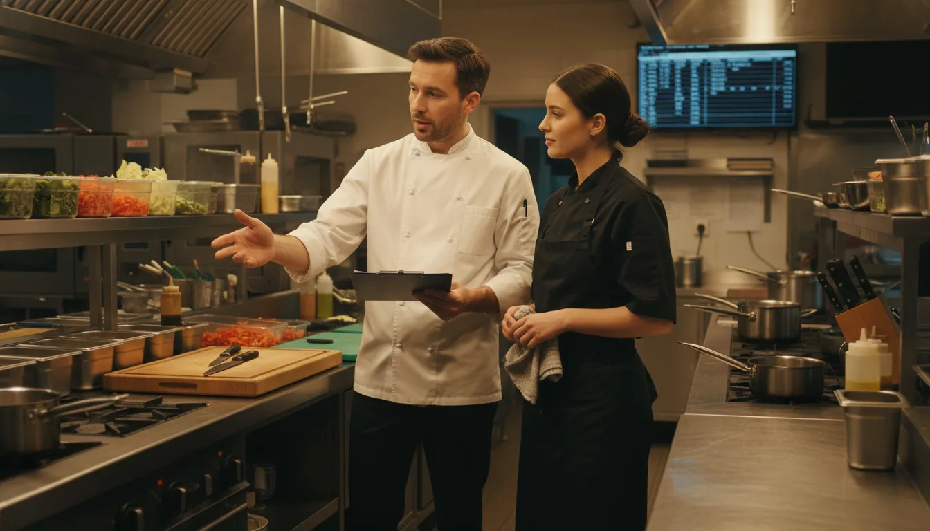 Kitchen staff conducting shift handoff briefing in commercial kitchen
