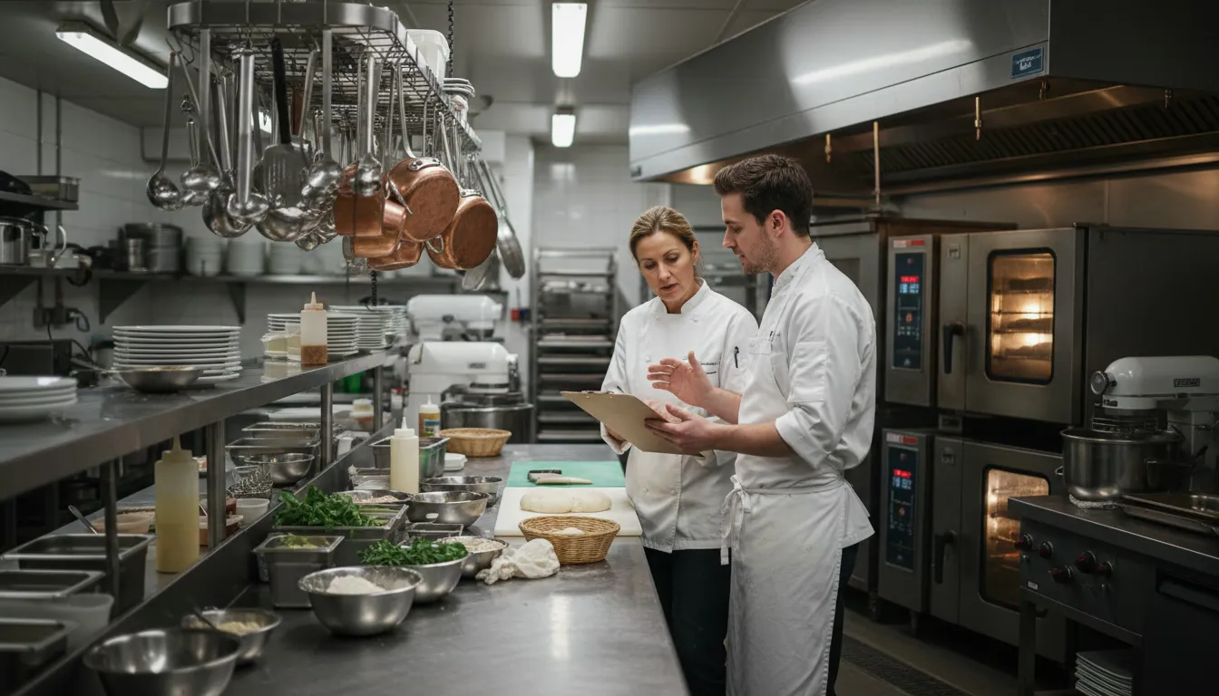 Kitchen staff conducting shift handoff at prep station