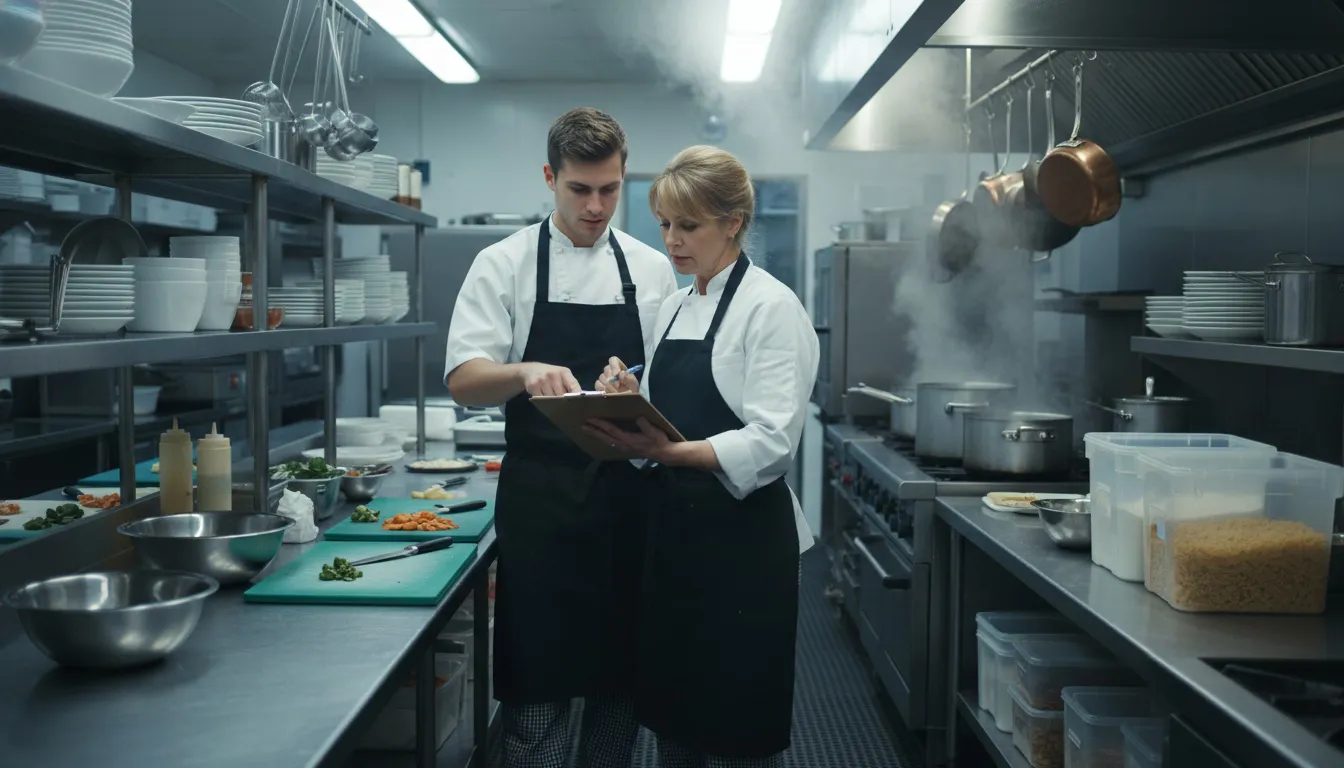 Kitchen staff coordinating during overlapping staggered shifts