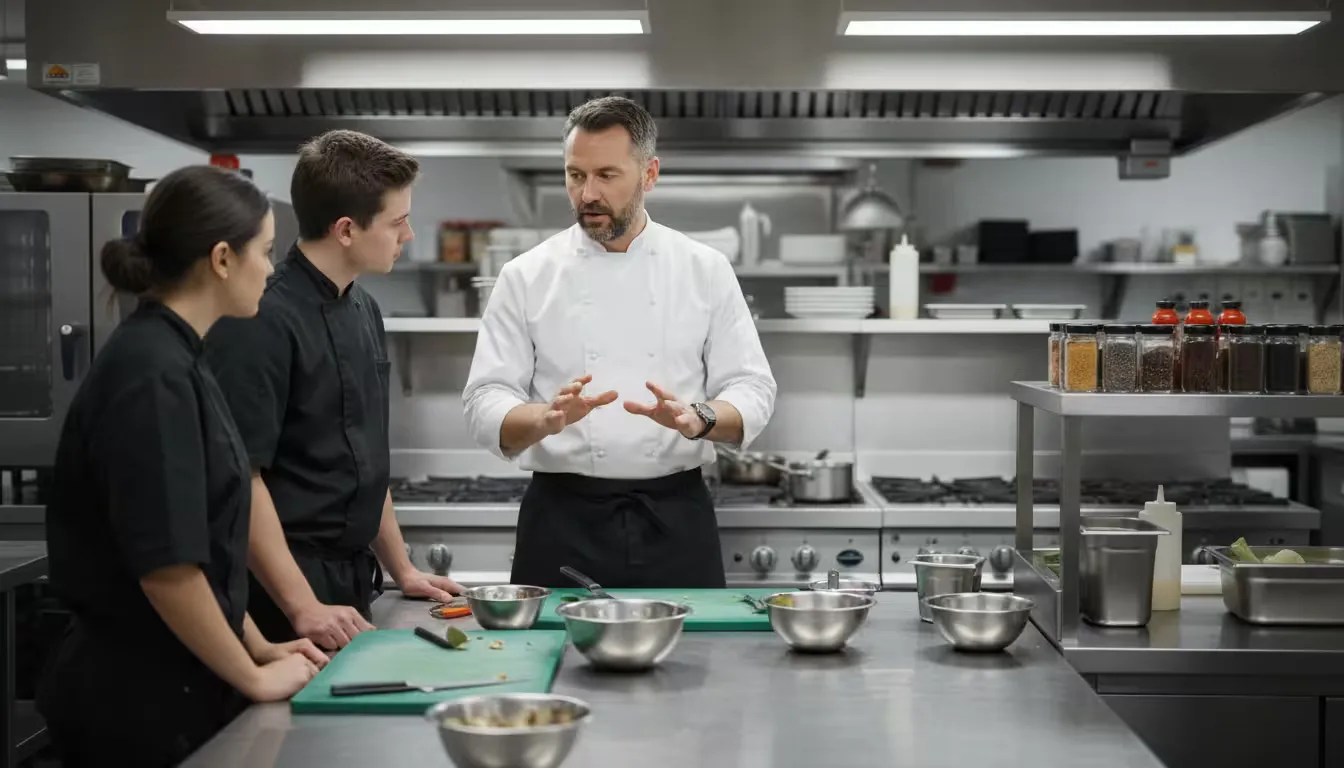 Over-the-shoulder medium shot inside a commercial restaurant kitchen during the transition between lunch and dinner service.