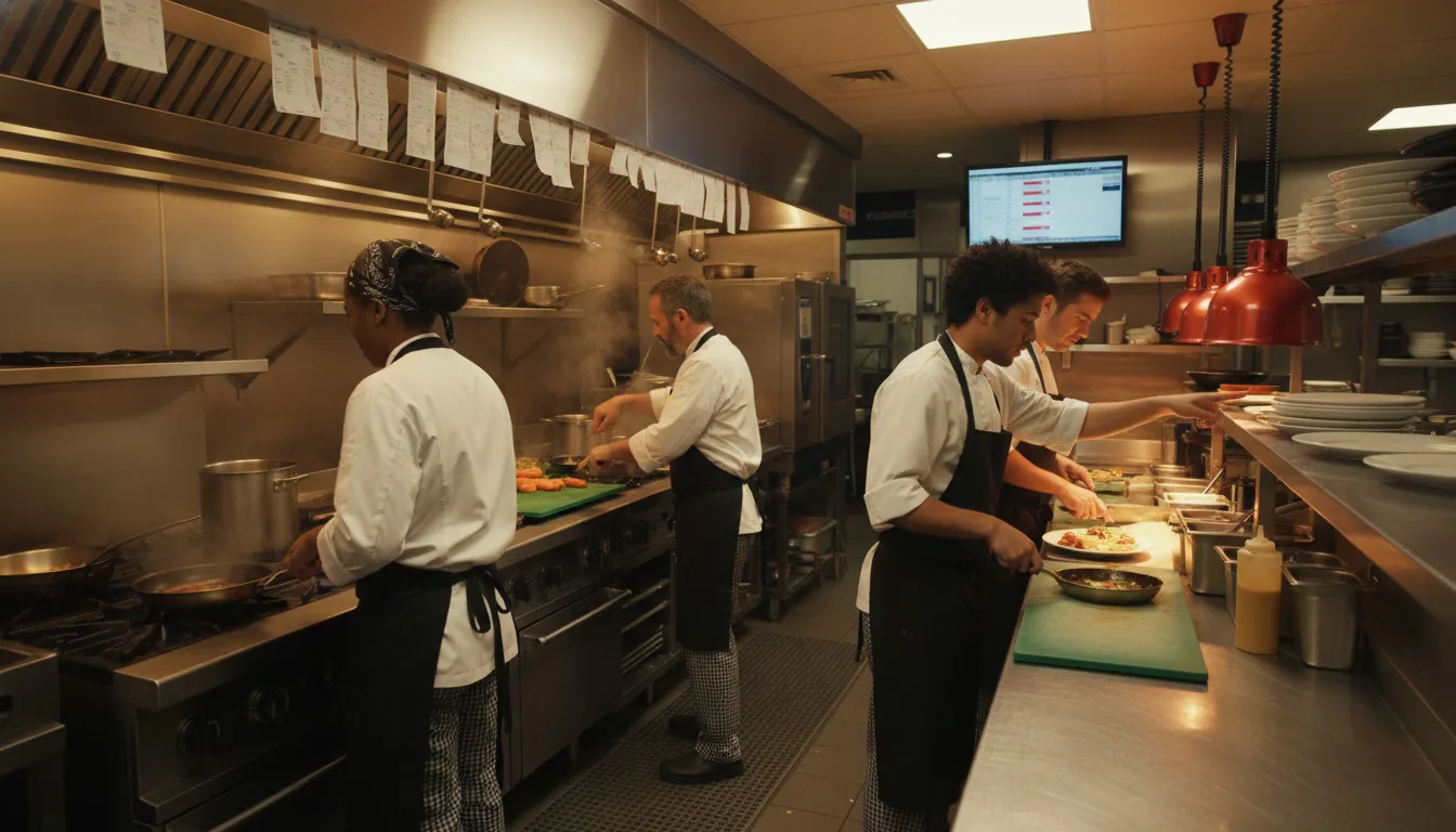 Restaurant kitchen staff coordinating during busy service
