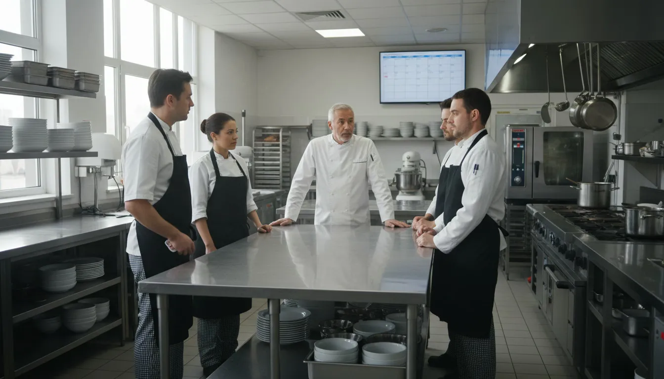 Kitchen staff gathered at prep station during closed hours for team meeting