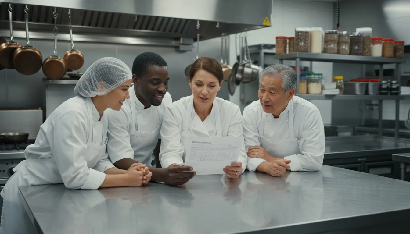 Kitchen team reviewing bonus payout sheet at prep table between shifts