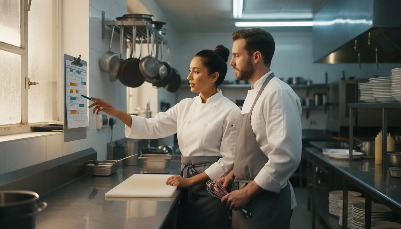 Kitchen staff discussing shift coverage during morning prep