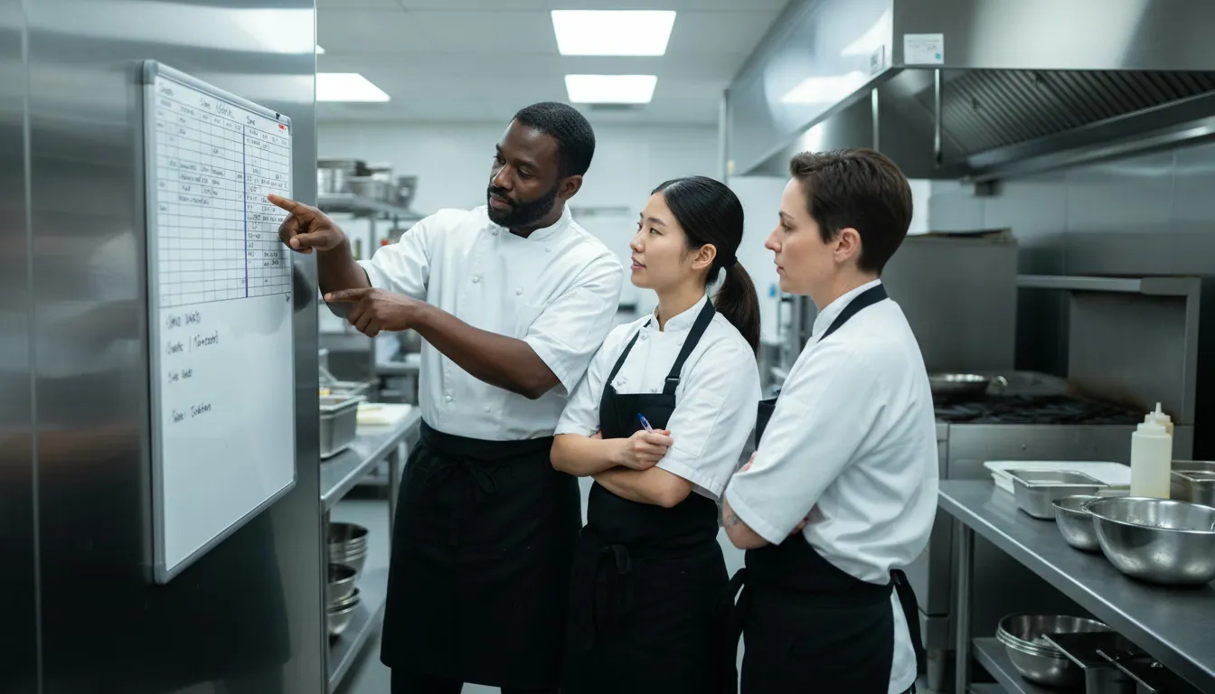 Kitchen staff reviewing prep assignments during pre-service meeting