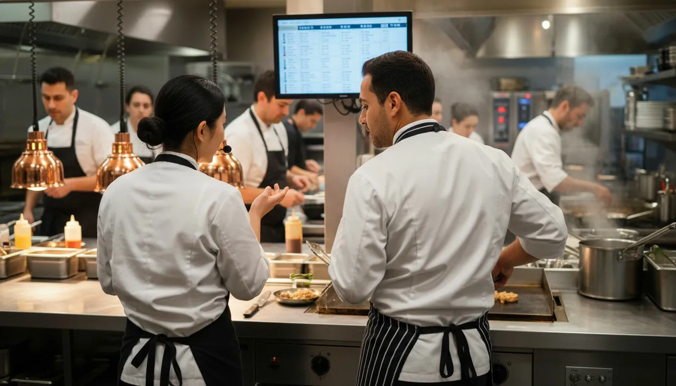 Kitchen staff coordinating orders and adjusting workflow during service